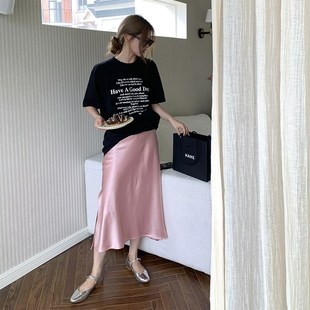 粉色醋酸缎面半身裙女夏丝绸鱼尾裙绸缎半裙开叉长裙大码中式裙子