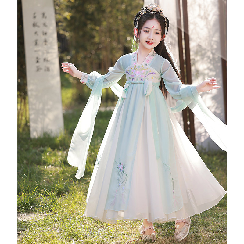 中秋节汉服女童2023中国风儿童古风儒裙超仙小女孩唐装洋装长袖