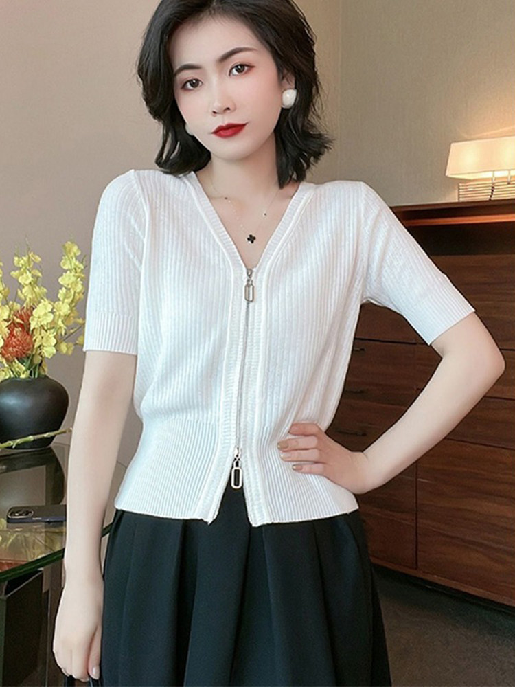 欧货夏季冰丝双开拉链针织开衫女2025新款设计感百搭显瘦短袖上衣