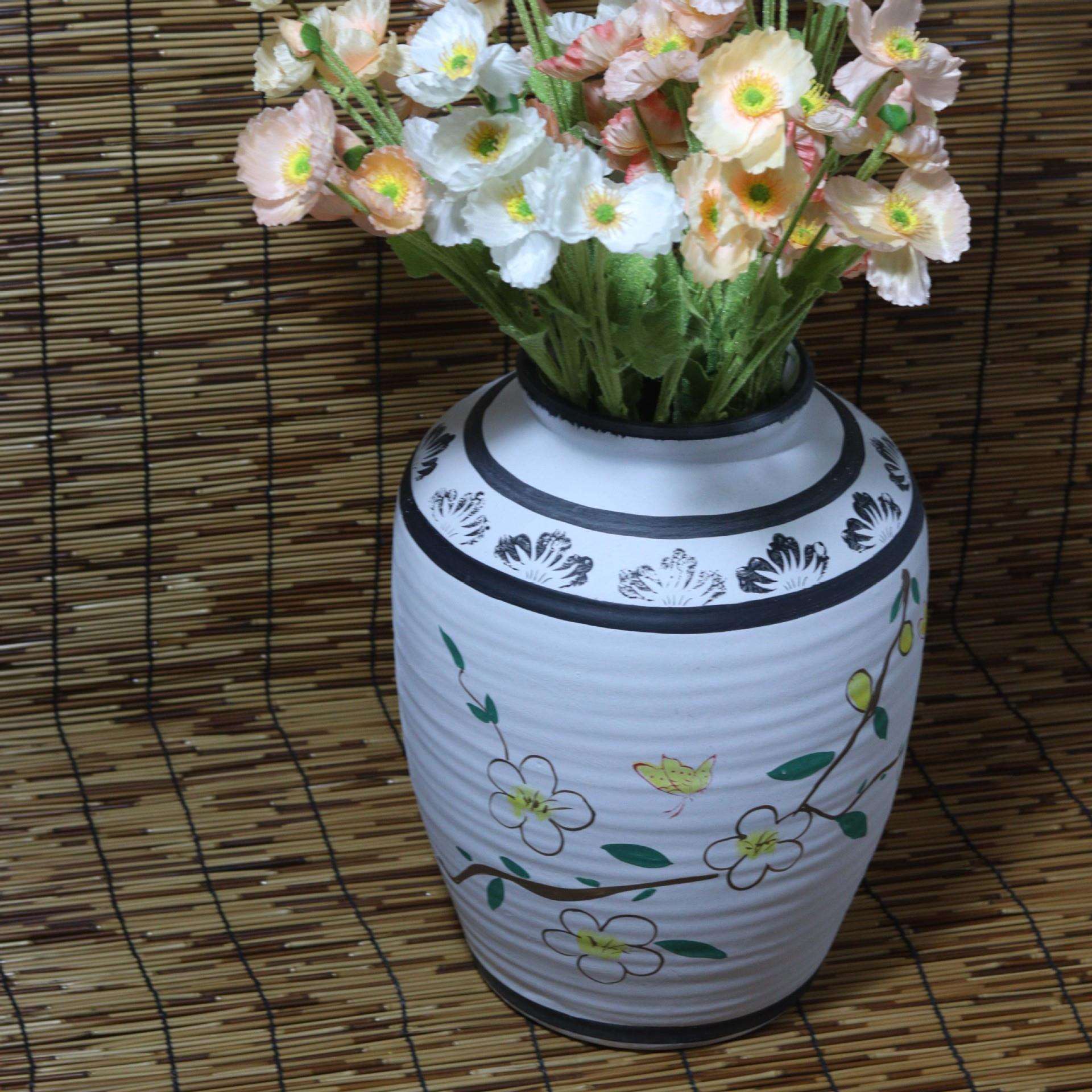 坛子花瓶陶瓷手绘家居摆件干花插花瓶工艺品北欧古风带托盘创意