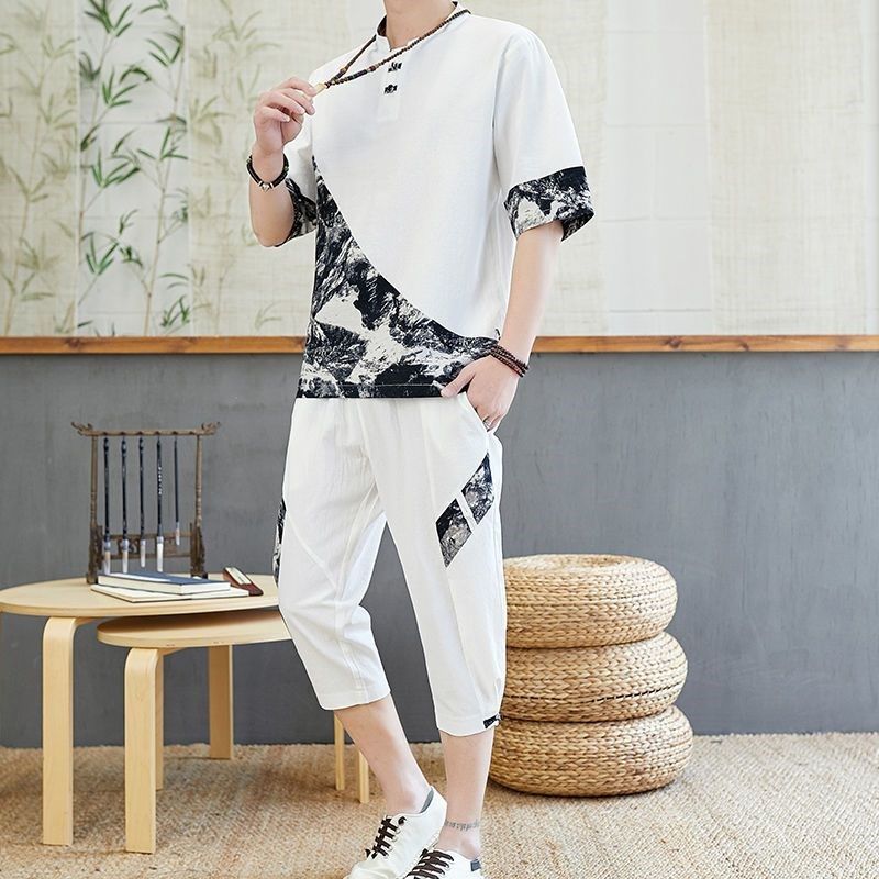 中国风男装唐装套装夏季汉服短袖t恤复古风宽松休闲大码一套衣服,男装,时尚套装,淘宝优惠券,粉丝福利购,淘宝优惠卷