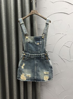 美式复古破洞牛仔背带裙女夏季2024新款时尚洋气减龄A字半身短裙