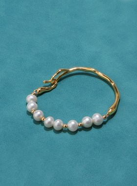 小众高级感铜镀真金弯管拼接闺蜜手串 复古个性淡水珍珠手链