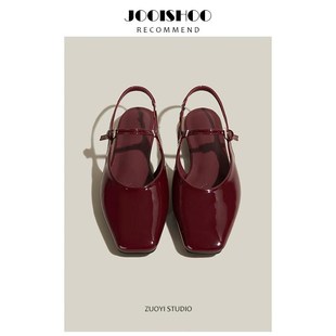 漆皮亮面方头后空平底鞋 女鞋 凉鞋 平底包头法式 女夏季 2025新款