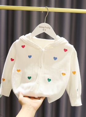 1-5岁女宝宝不起球棉线连帽毛衣女童春装新款3女婴儿爱心开衫外套