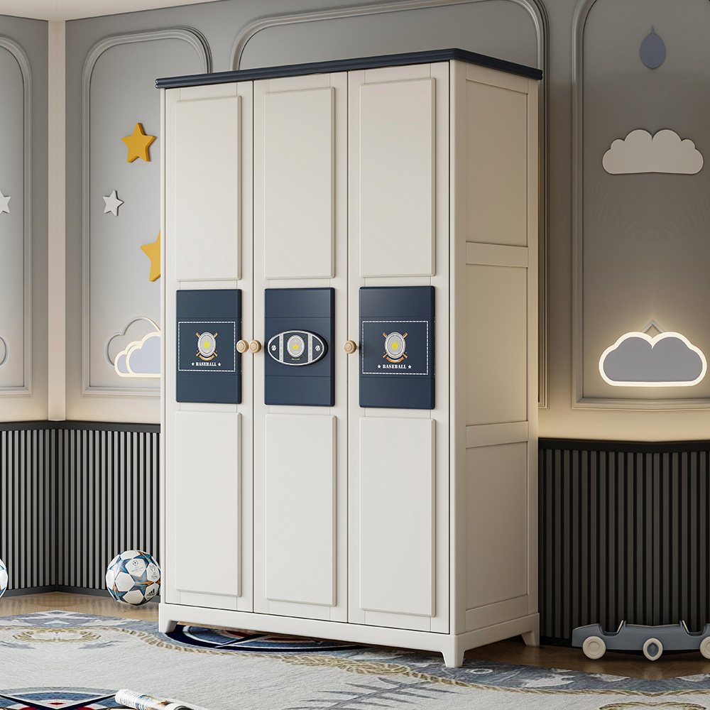 美式实木三门f衣柜 简约儿童房对开门衣柜 多色卧室大衣橱平拉门