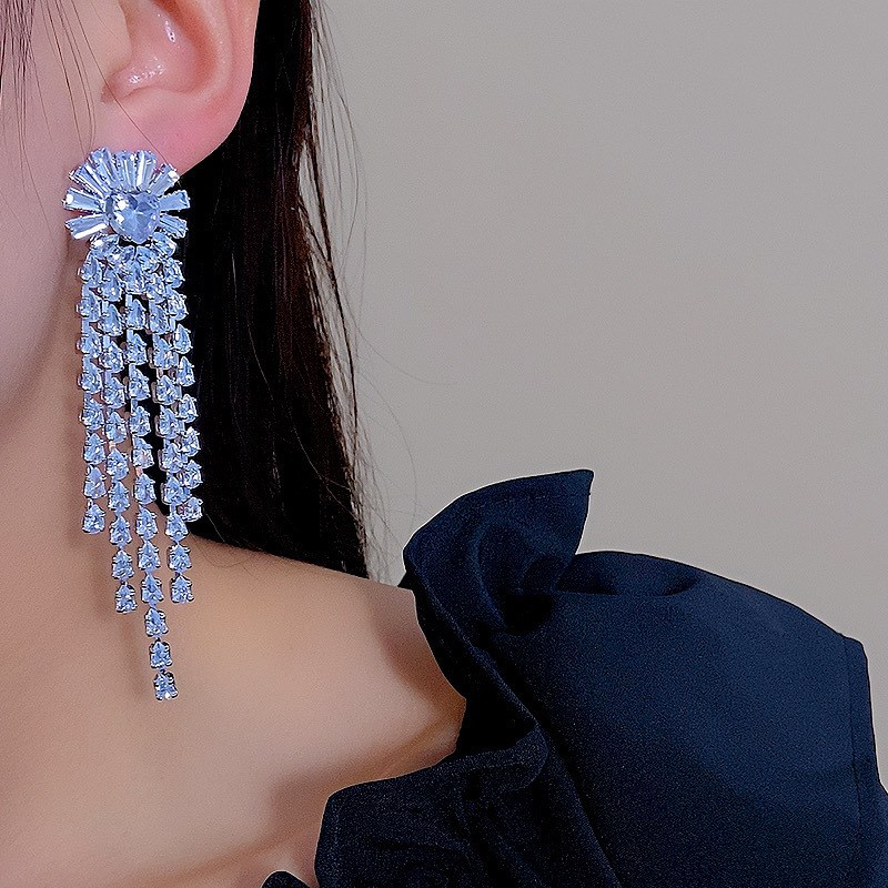 重工奢华长款流苏气质耳环超闪锆石耳坠满钻新娘耳饰韩版轻奢