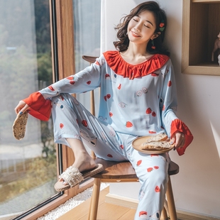 套装 夏绵绸家居服学生人造棉可爱薄款 棉绸睡衣女春秋长袖 2020新款