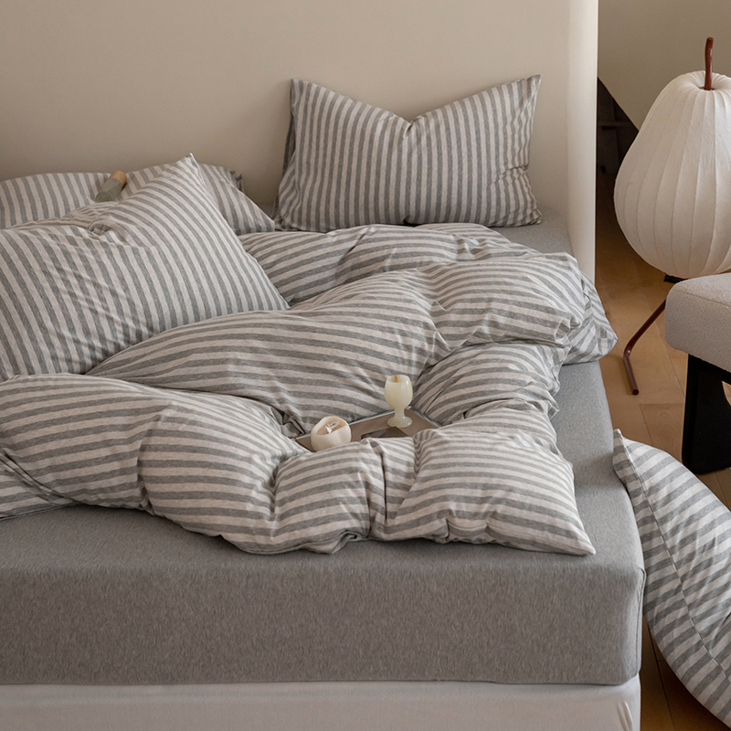 北欧简约条纹色织全棉天竺棉四件套 A类纯棉针织牀单被罩牀上用品