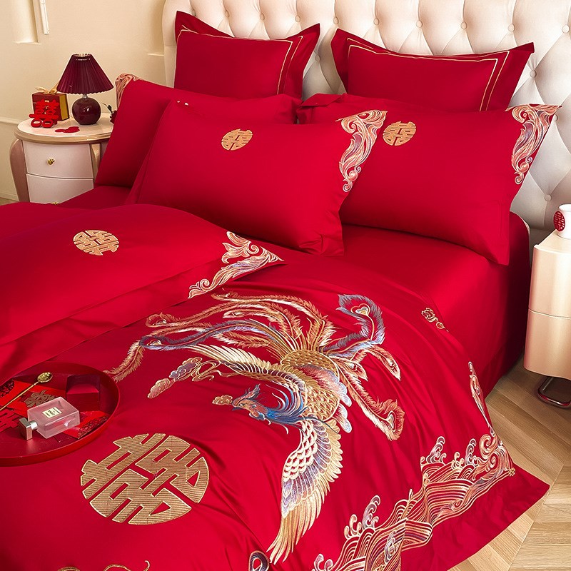 高档喜字刺绣婚庆四件套大红色床单被套全棉纯棉结婚床上用品婚房