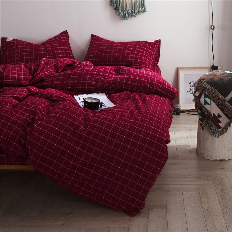 BO水洗棉纯棉全棉被套床单床笠4四件套1.5/1.8/1.2简约床品酒红色