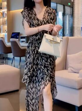 商场撤柜气质女神范长裙高级感风情万种黑色真丝雪纺碎花连衣裙夏