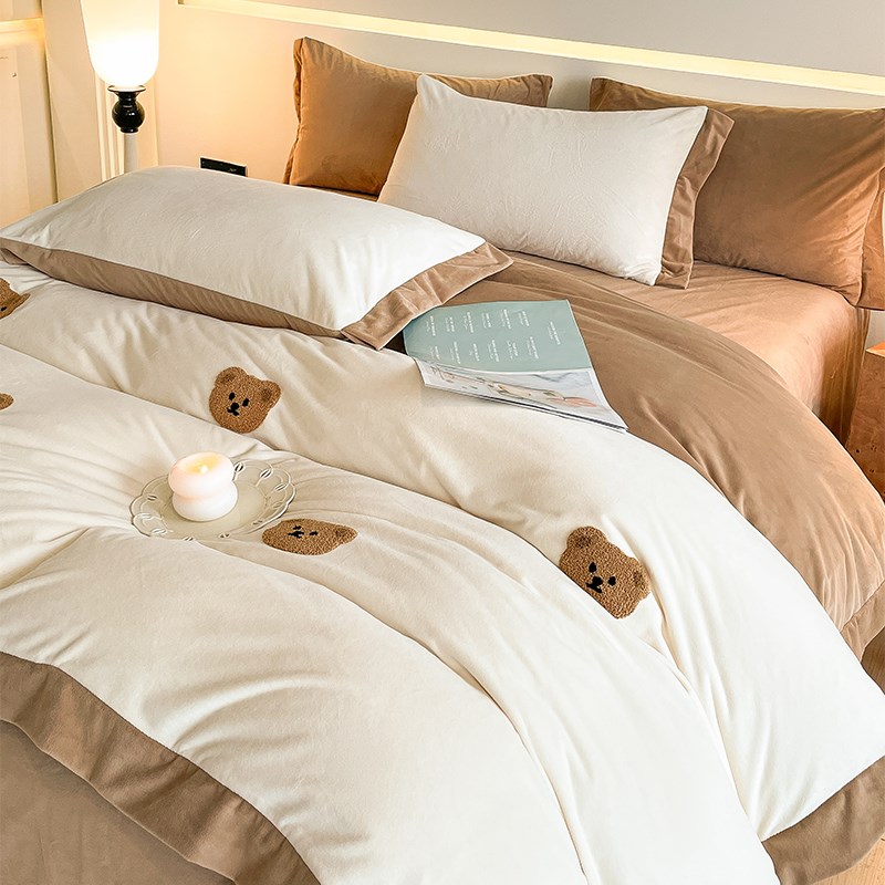 公主风毛巾绣牛奶绒床上四件套冬季水晶绒裸睡床品双面绒被套床单