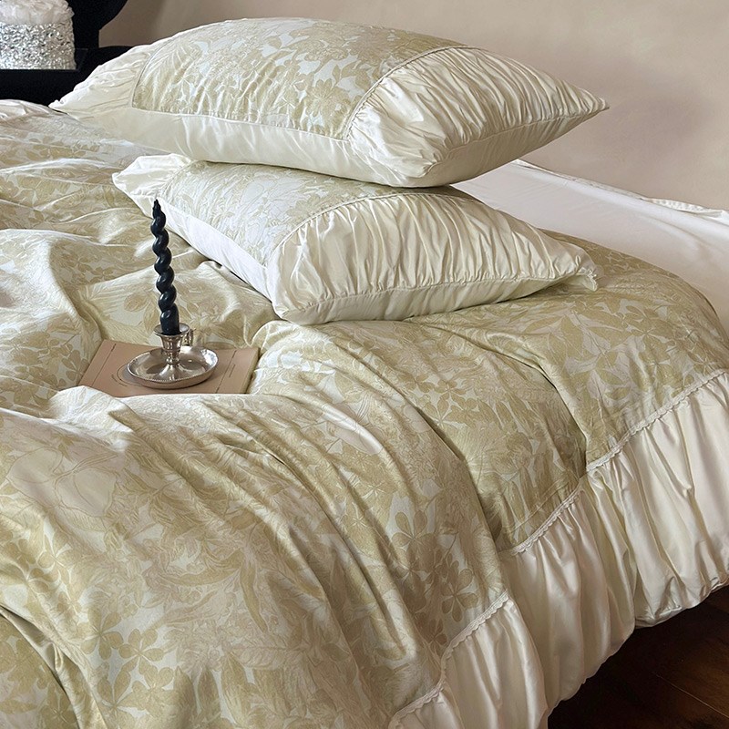 复古田园印花100支长绒棉四件套褶皱拼接1.8纯棉被套床单床上用品