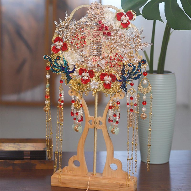 diy中式喜扇子手捧花材料新娘古风新团扇高级包双面结婚出嫁手工