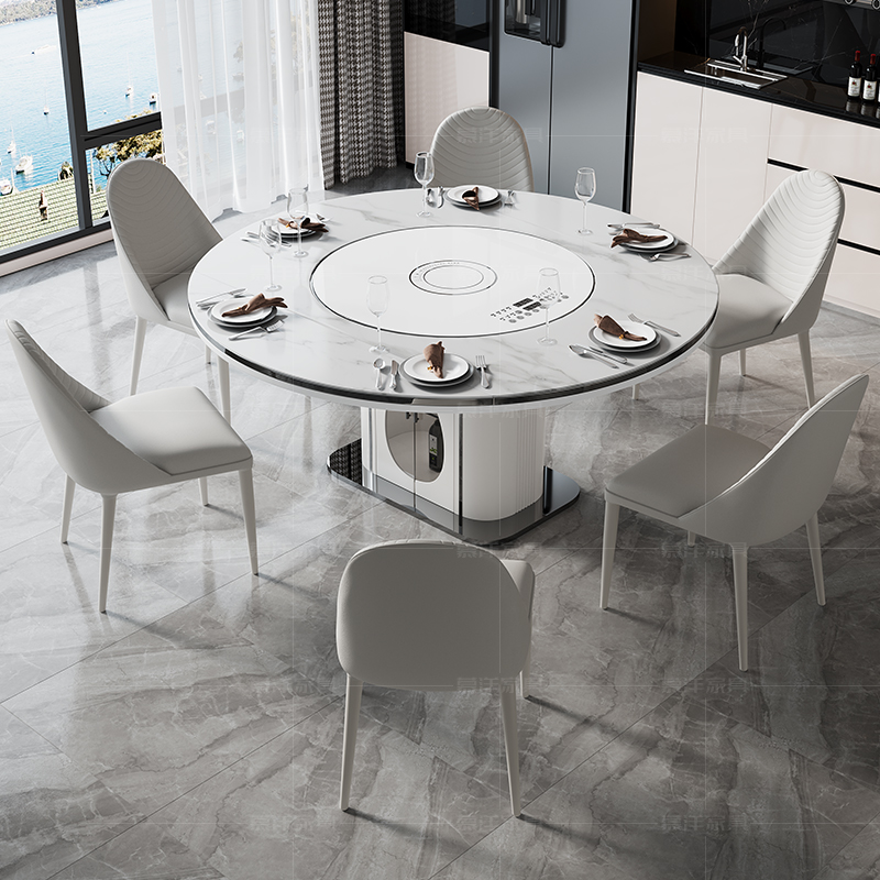 电磁炉餐桌一体轻奢现代简约岩板餐桌椅组合带暖菜转盘家用小户型