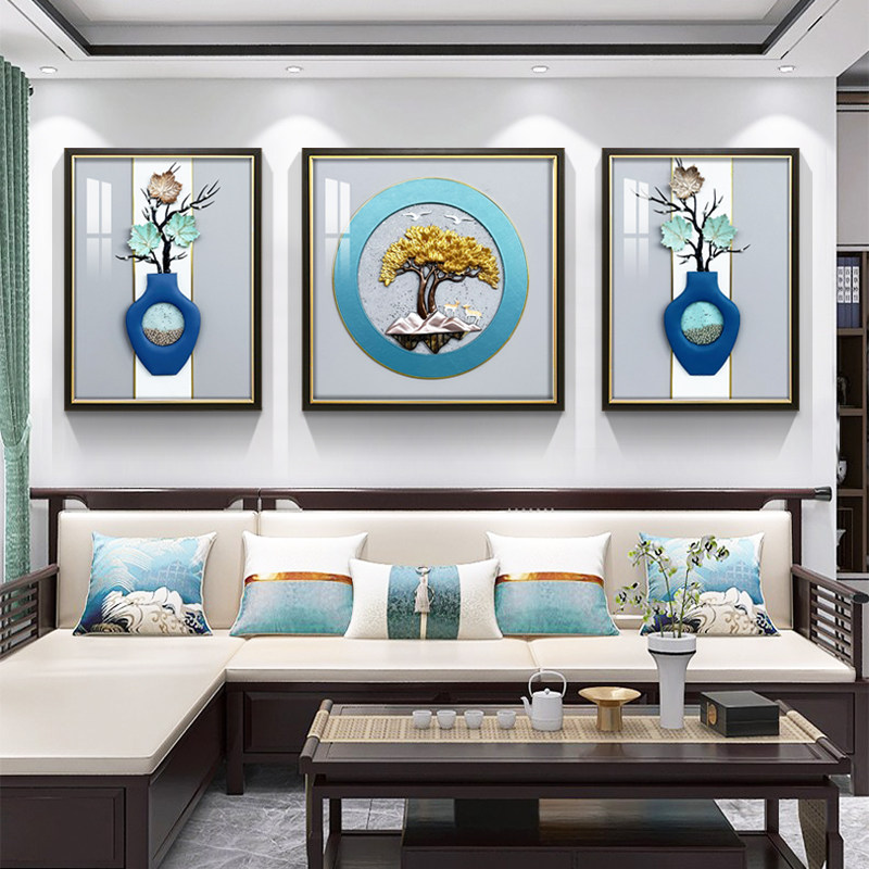三联客厅实物浮雕装饰画沙发背景墙3d立体新中式轻奢茶室花瓶挂画,家居饰品,现代装饰画,淘宝优惠券,粉丝福利购,淘宝优惠卷