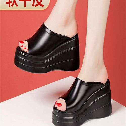 真皮高跟楔形凉鞋为妇女2025夏季厚底防水平台鱼嘴大尺寸外穿拖鞋