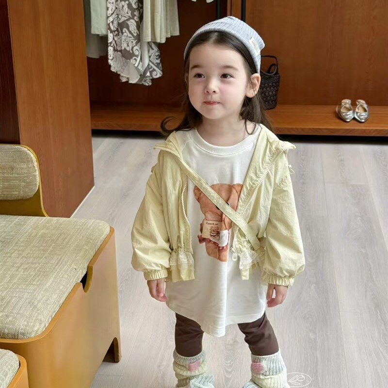 Tf儿童服装女孩婴儿儿童秋季蕾丝连帽风衣外套外套长t恤裙子瑜伽