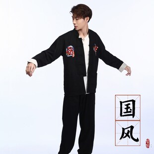 春秋中国风青年男装中式复古唐装男国潮汉服外套弹力亚麻两件套