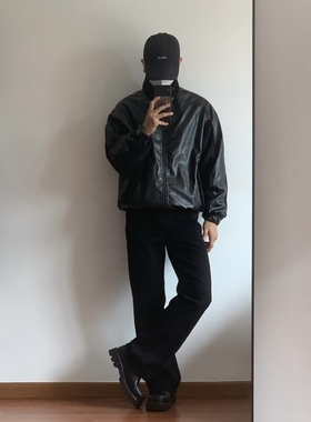 【X1617】美式新款秋冬复古潮流街头显高立领PU皮衣夹克外套男女