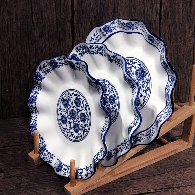 青花复古陶瓷荷叶盘炒菜盘子酒店饭店商用创意水果盘凉菜餐具碟子,餐饮具,盘,淘宝优惠券,粉丝福利购,淘宝优惠卷