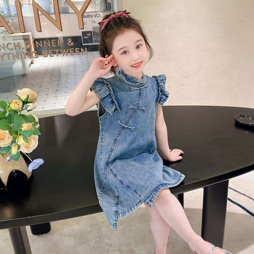 女童牛仔连衣裙2024夏季新中式国风盘扣女孩公主裙子洋气网红旗袍