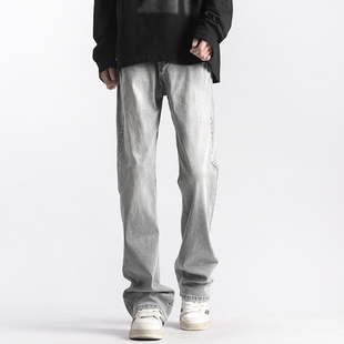 2024新款 夏季 美式 高街宽松休闲窄版 子 烟灰色直筒牛仔裤 复古裤 男士