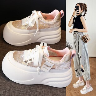 内增高小白鞋女夏季薄款2024新款百搭厚底网面透气运动休闲老爹鞋