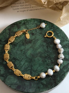 日韩秋冬复古铜材质链子饰品搭配灰色淡水珍珠串珠手链手饰不掉色