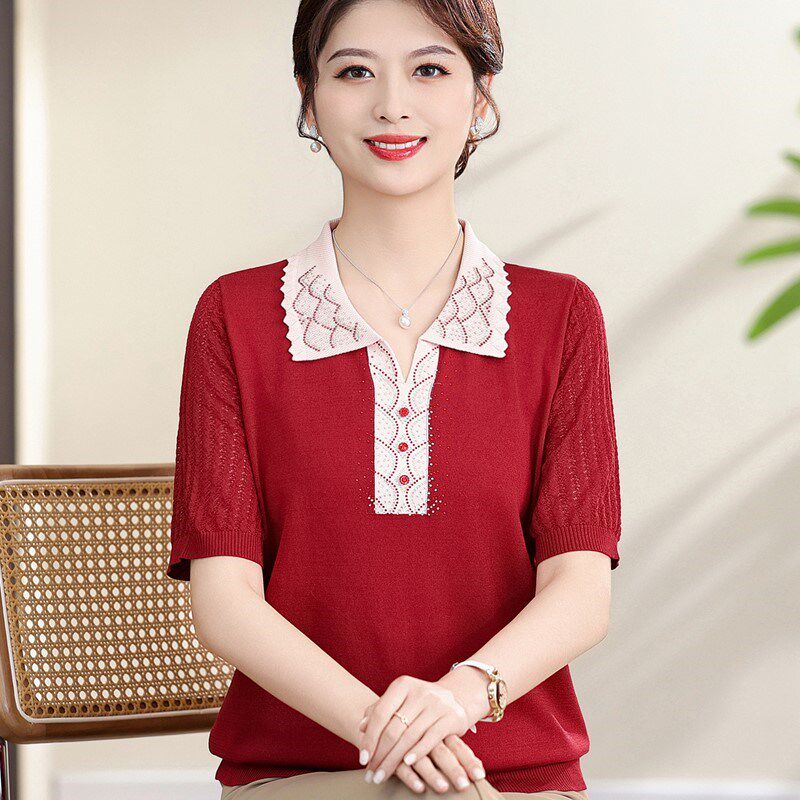 洋气妈妈夏装冰丝翻领短袖宽松小衫中老年人女薄款针织T恤上衣服