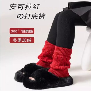 女童打底裤秋冬外穿竖条纹九分裤儿童灰色裤子加绒加厚拼接堆堆袜