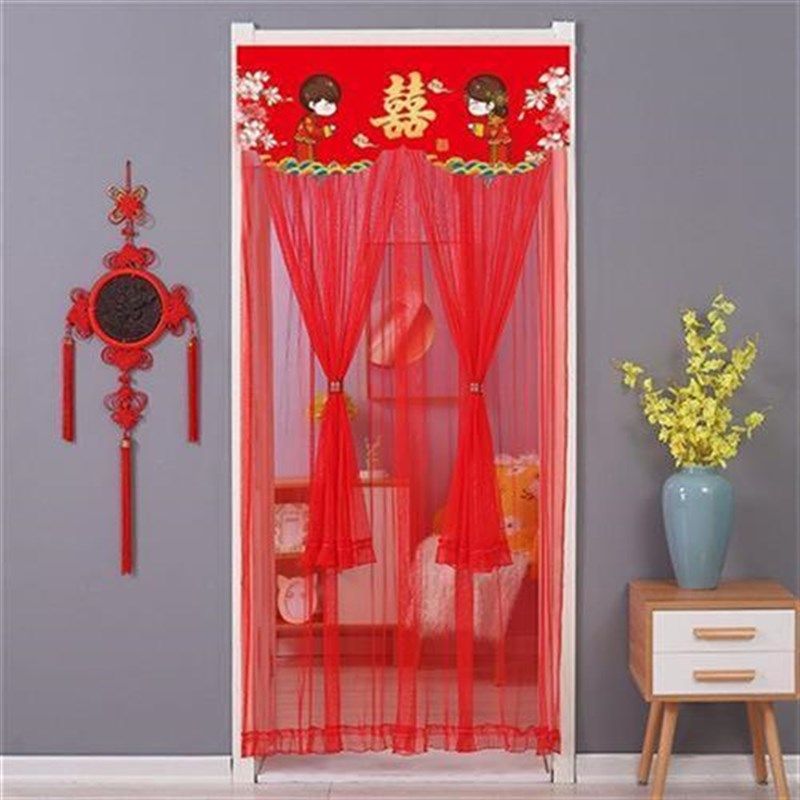 蕾丝防蚊家用卧室结婚喜庆大红免打孔门帘魔术贴安装双层纱可定制