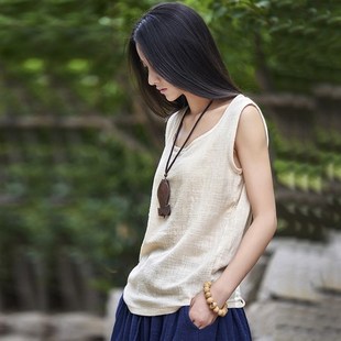 文艺宽松亚麻棉麻竹节麻纯色无袖 女装 吊带背心女上衣 新品 2020秋季