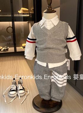 潮牌TB婴儿春秋季套装时尚休闲男宝宝绅士三件套背心衬衫纯棉衣服