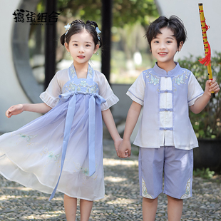 夏季短袖女童汉服男童中国风改良古装男孩国学服唐装端午民族服装