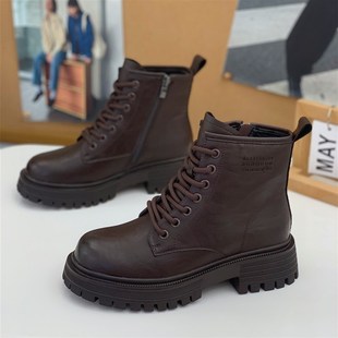 一脚蹬 炼 粗跟厚底显瘦马丁靴女2024秋冬新款 加绒炸街侧拉炼