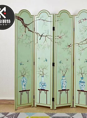 美式屏风隔断入户客厅田园可折叠欧式移动实木手绘漆画双面折屏