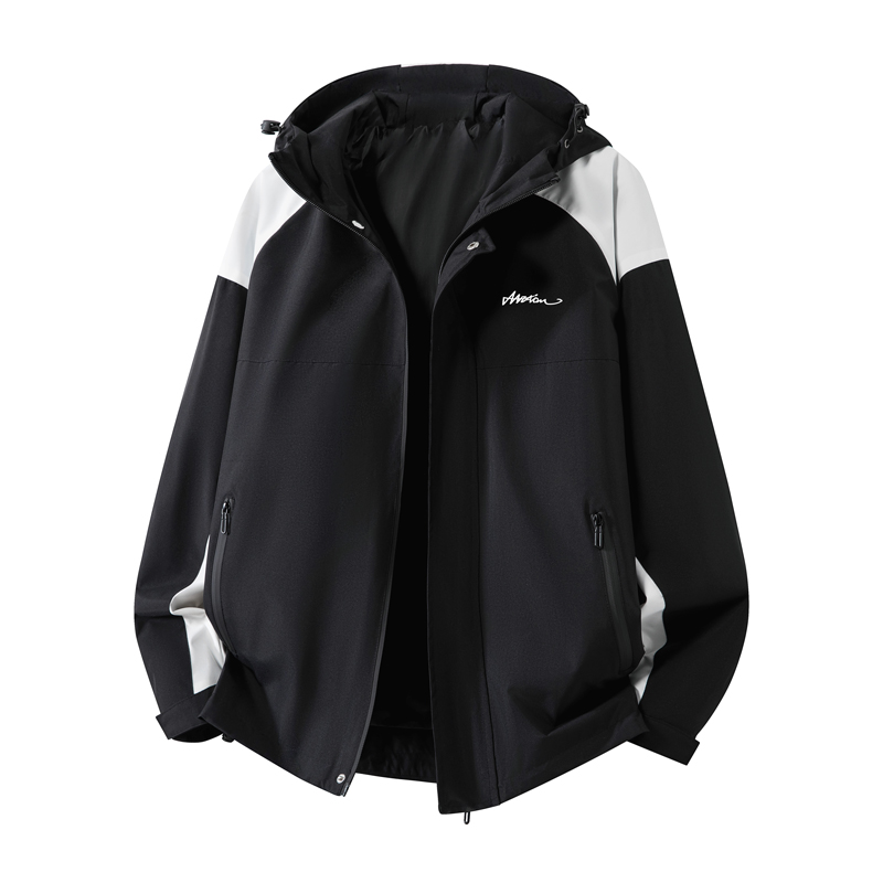 MZAO 美式复古拼接撞色字母Logo印花直筒拉链防风连帽夹克外套