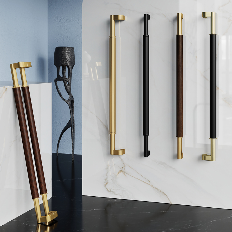 现代极简玻璃大门k拉手金色不锈钢胡桃木实木包厢大门把手黑色加