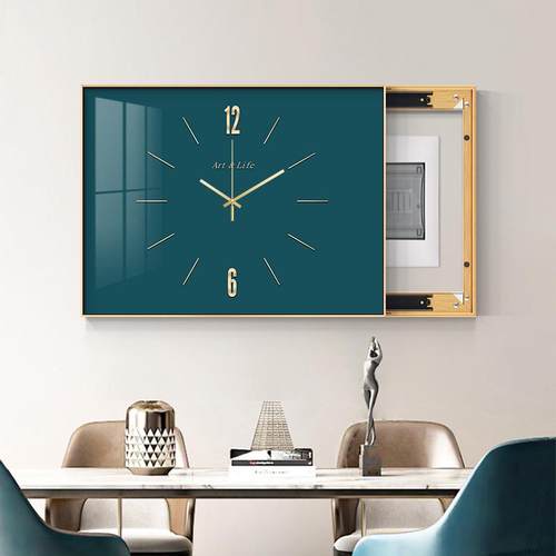 现代简约免打孔高端电表箱装饰画带钟表可推拉配电箱电闸遮挡挂画