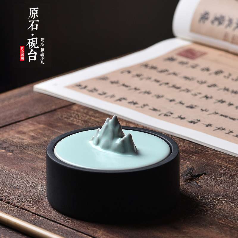 石砚台原石天然带盖防蒸发可插香搁笔高档歙砚书法专用宣砚墨汁