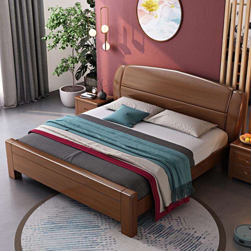 胡桃木实木床双人床中式1.5现代简约1.8米经济型高箱储物主卧婚床