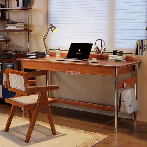 实木书桌中古风书房写字台家用卧室电脑办公桌简约复古北欧工作台