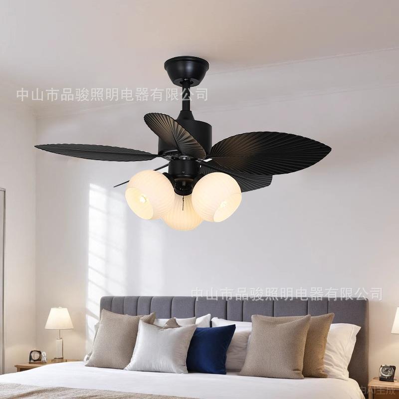 法式奶油风复古吊扇灯咖啡厅小电扇灯家用餐厅卧室书房风扇灯直叶