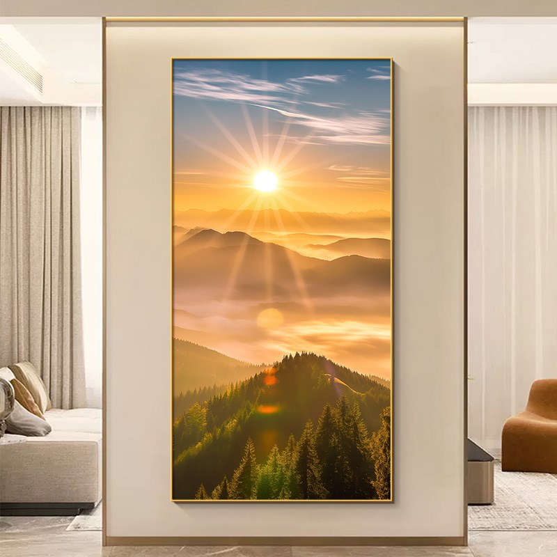 现代简约东墙玄关装饰画日出东方入户H迎门墙上挂画走廊过道风景