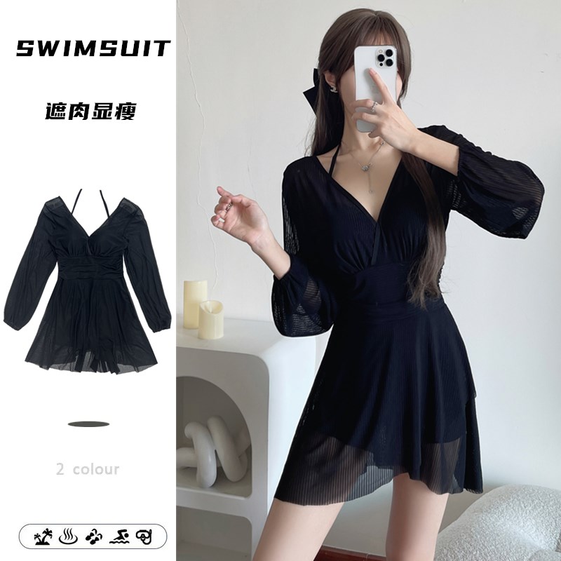 泳衣女大码d胖MM裙式连体保守遮肚显瘦韩版ins风长袖防晒温泉泳装