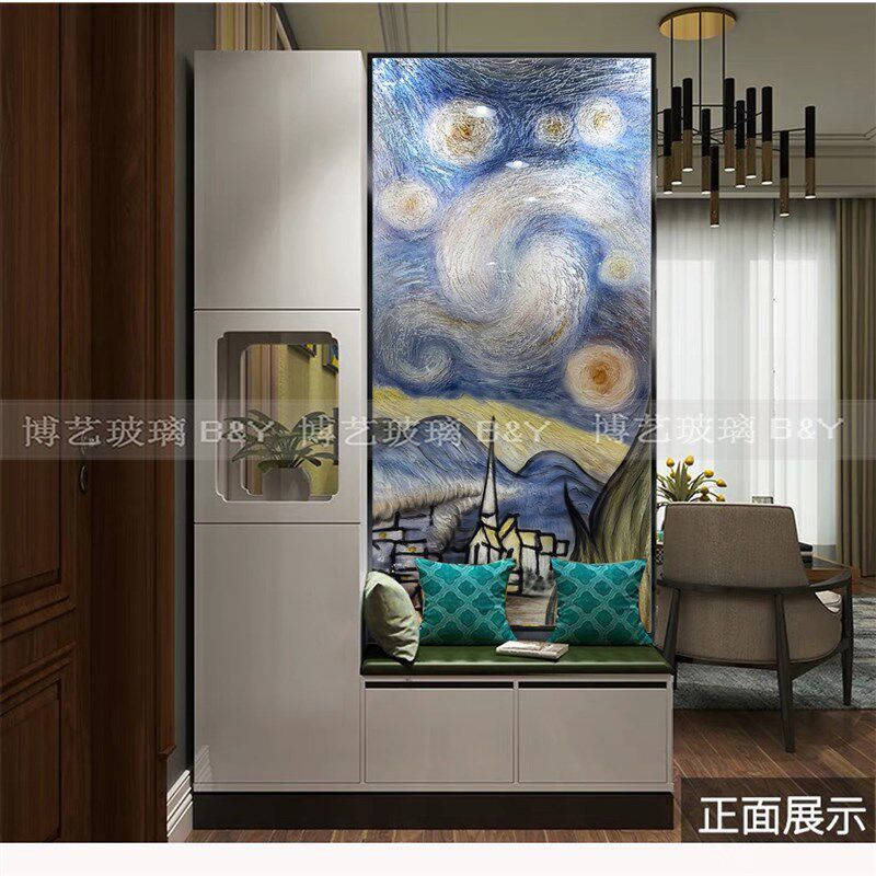 玄关艺术玻璃隔断星空浮雕手工雕刻客厅入户卫生间钢化透光美式风