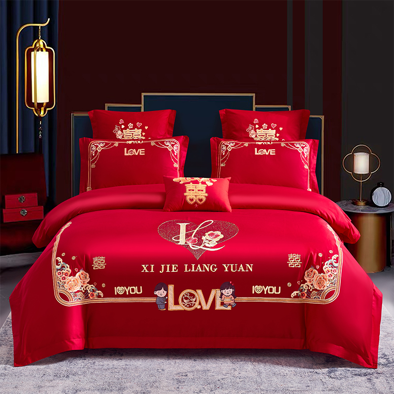 结婚喜被床上四件套全棉大红色刺绣花新婚被套床单式婚礼床品