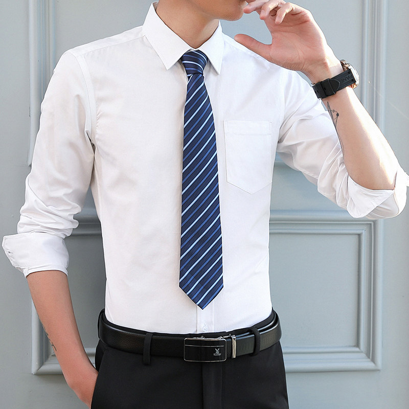 秋季白衬衫衣男长袖韩版防皱工z作服黑村杉商务帅气口袋正装ls衬